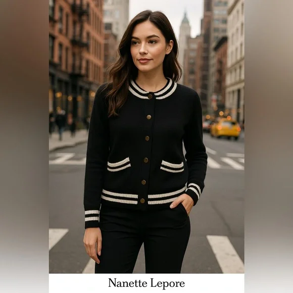 Nanette Lepore Black & Cream Varsity Cardigan Sweater Size XL NWT - Picture 1 of 11